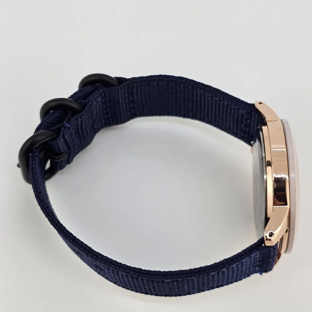 38MM Women's Analog Watch Gold Dial NEW Dark Blue Nylon Canvas Bands NEW Battery